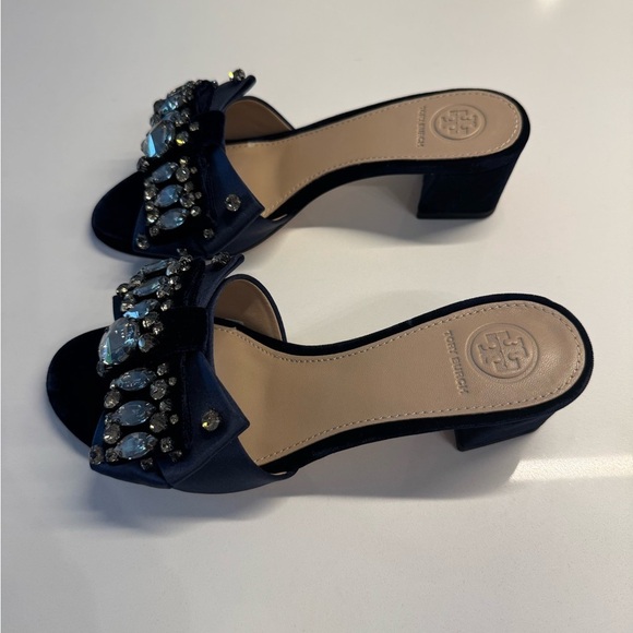 Tory Burch Bow Velvet Crystal slide heels size 5.5 navy blue - Picture 6 of 16